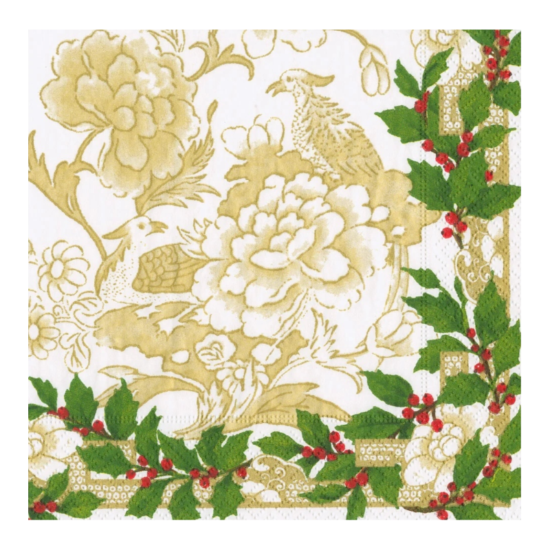 Holly Ceramic Ivory and Gold Dinner Serivettes Caspari 18090D