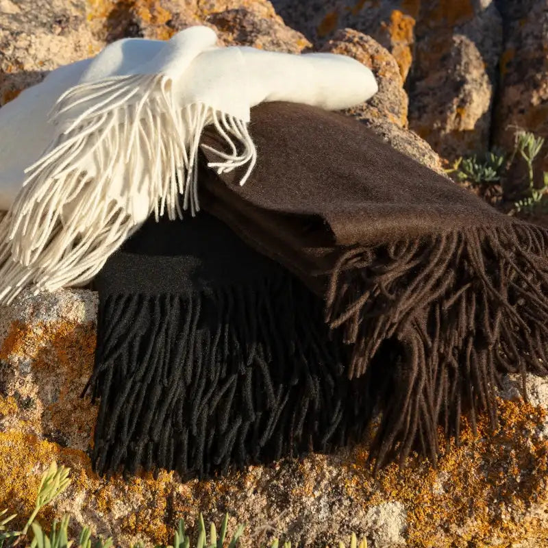 Nomad yak blankets in brown, white and black