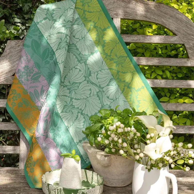 Cottage Jardin tablecloth in turquoise, green, orange and pink
