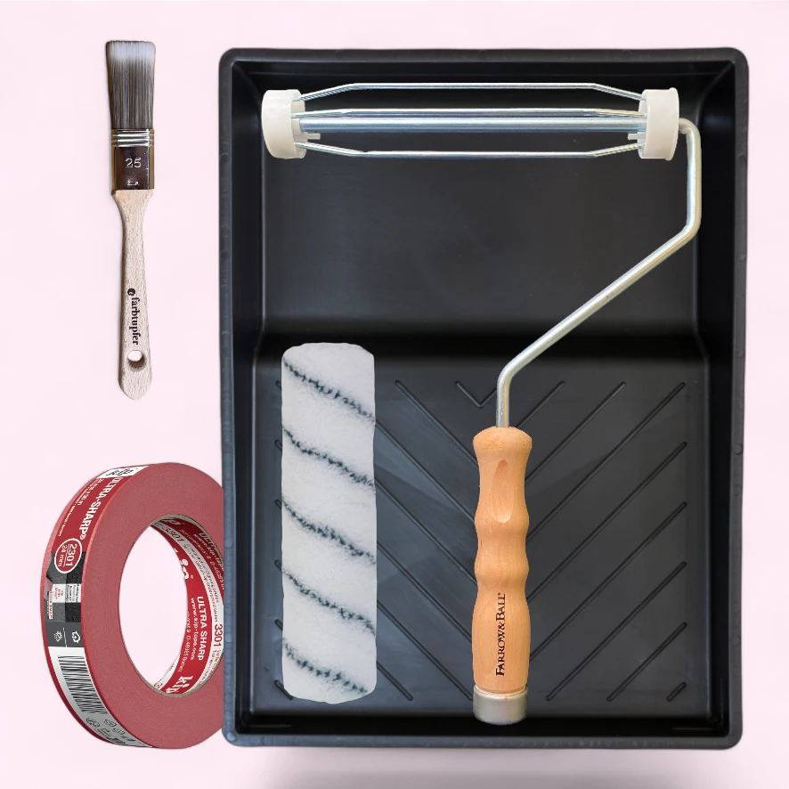 My first wall Basic painting supplies Brushes Bowl Masking tape