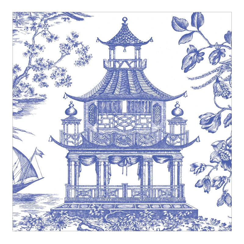 Caspari lunch napkin Chinoiserie Toile Pagoda Blue Blue