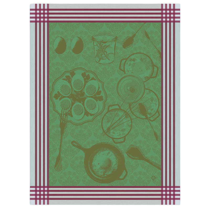 Le Jacquard Francais tea towel Oeufs Recettes Emeraude Green