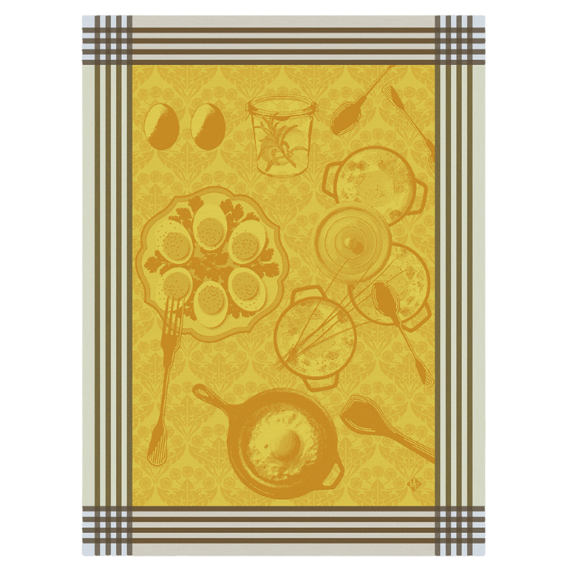 Le Jacquard Francais tea towel Oeufs Recettes Yellow